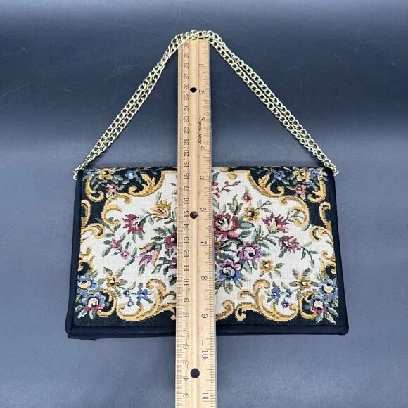 Vintage Handbag 1970s Floral Tapestry Evening Purse Gold Chain Strap Hong Kong - Picture 11 of 12